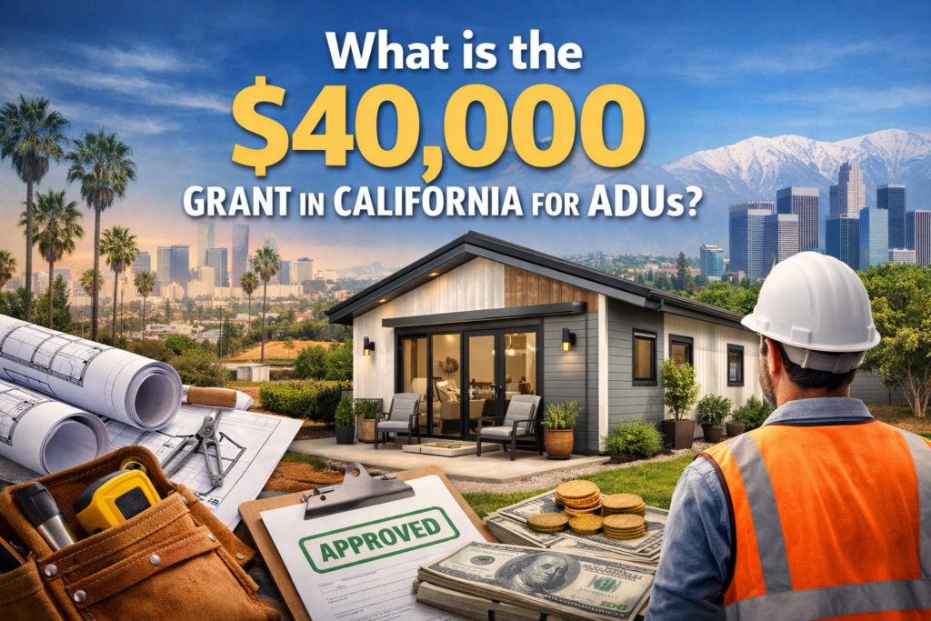 What is the $40,000 ADU grant in California – modern accessory dwelling unit with construction plans and contractor illustrating ADU building opportunity in Southern California.