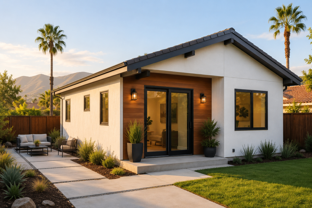 Modern detached ADU (Accessory Dwelling Unit) in a landscaped residential backyard in Corona, California, featuring contemporary architecture, large windows, a private patio, and mountain views, showcasing a high-quality property investment and home expansion project.